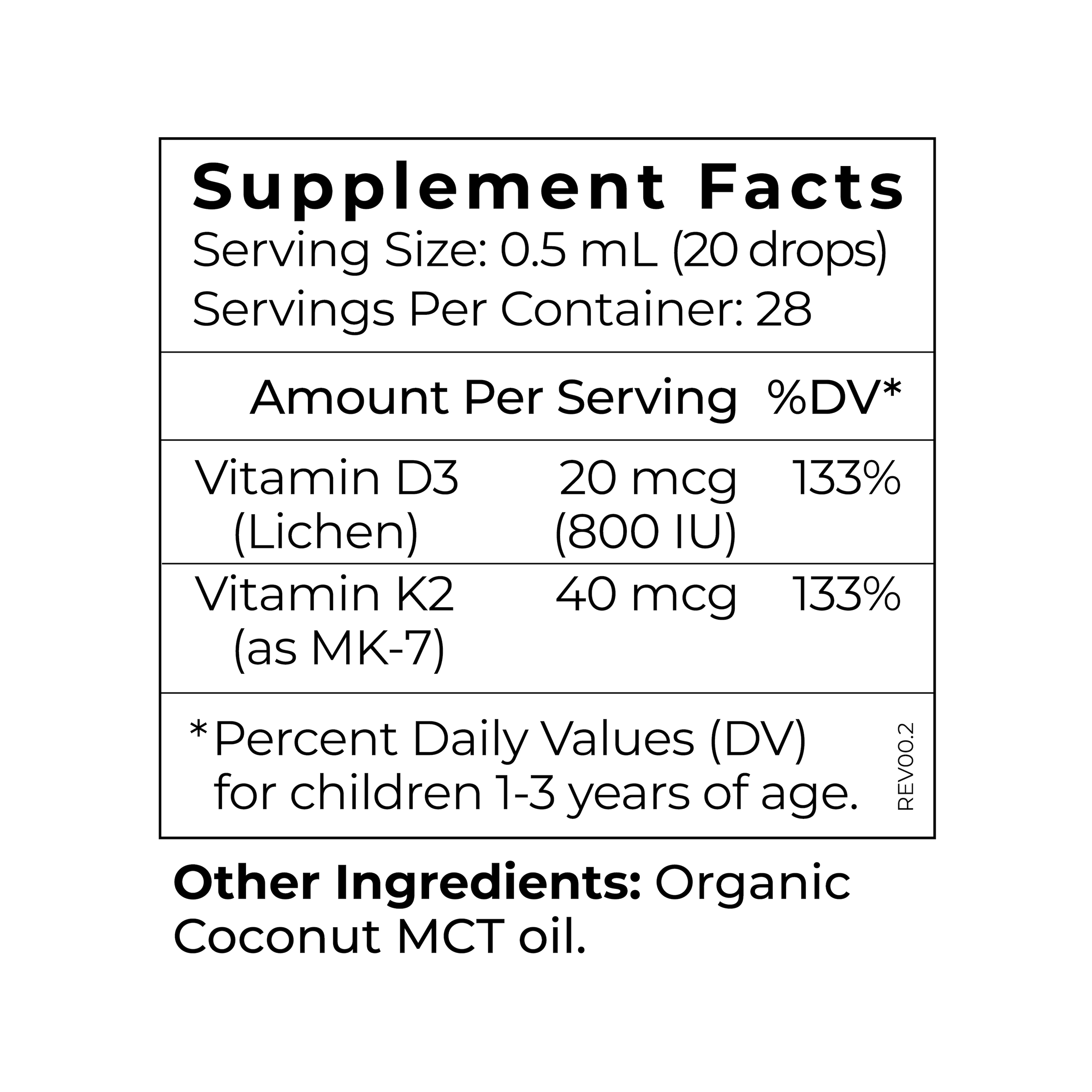 Cymbiotika® Kids Toddler D3+K2 Bottle and Box Supplement Facts Panel