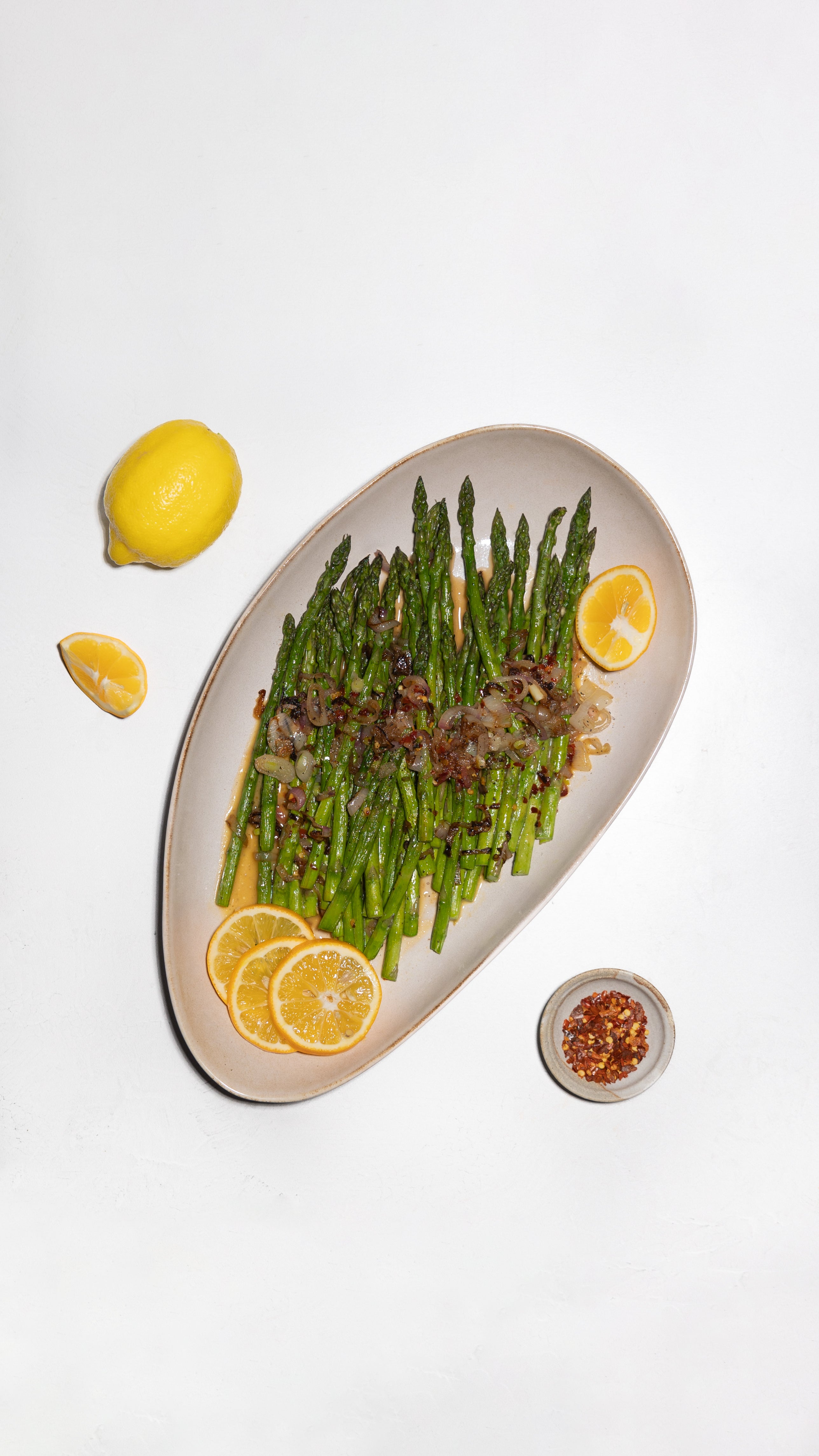 Lemon Asparagus + Crispy Shallots