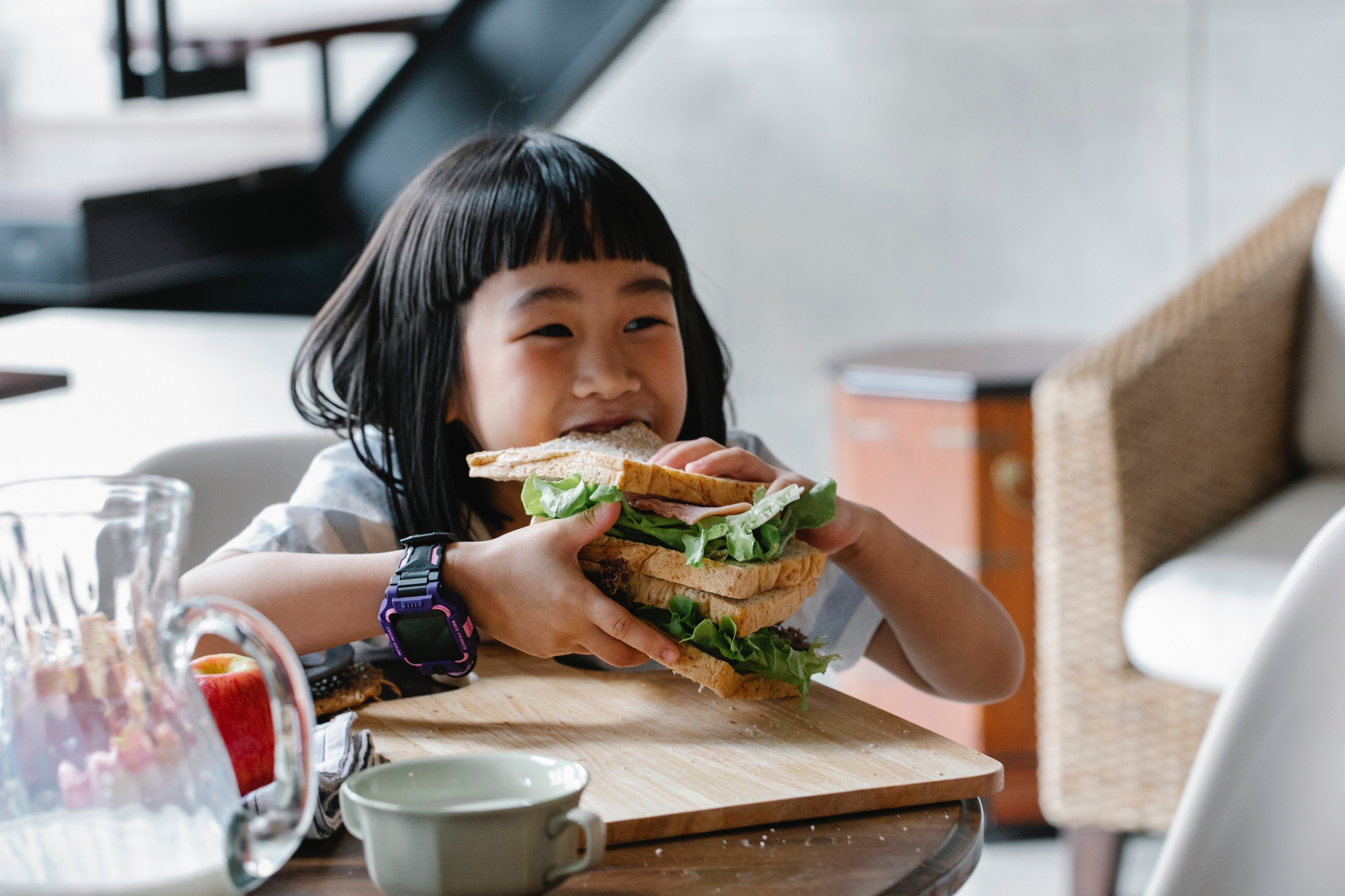 Smiling child eating large sandwich