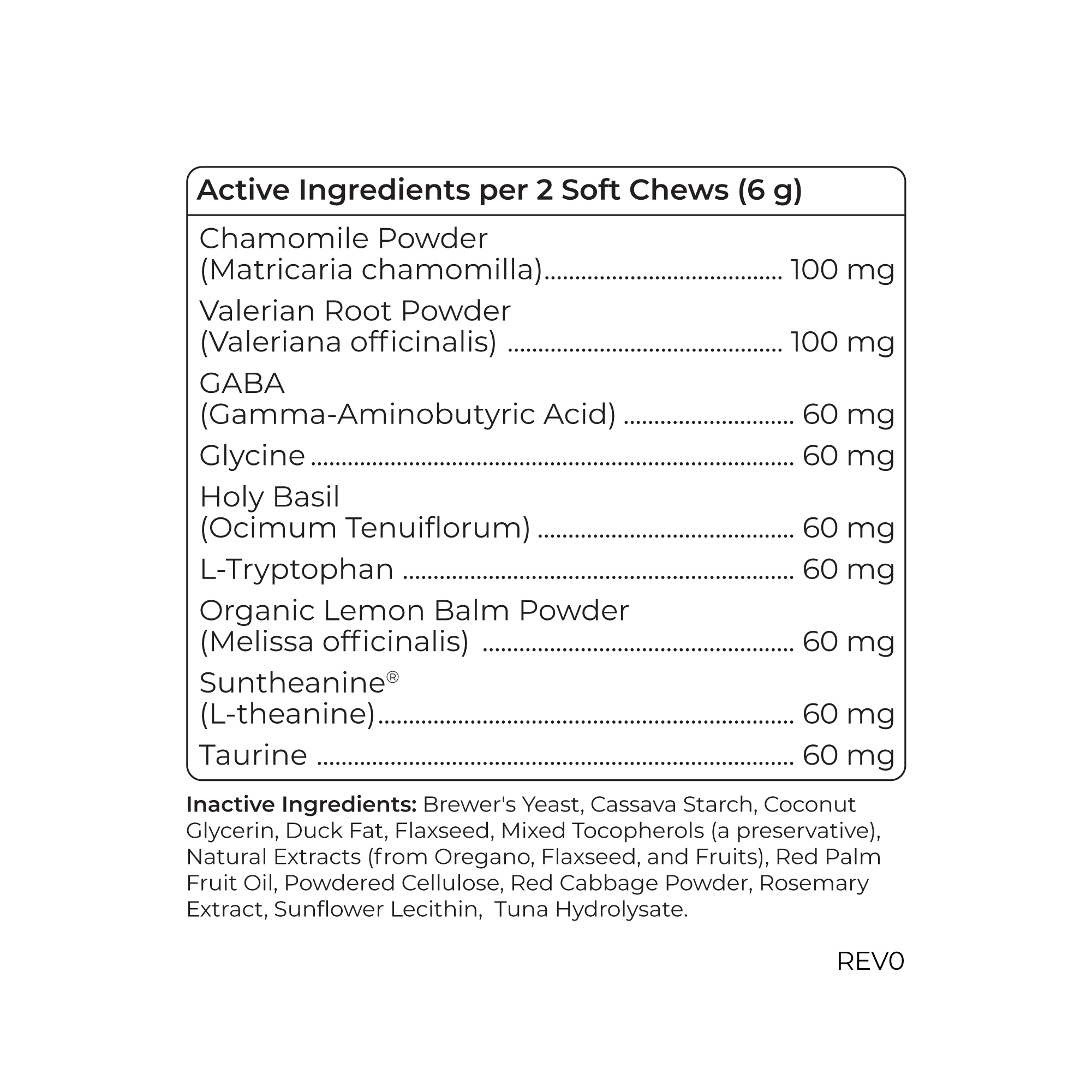 Cymbiotika Dog’s Calm Supplement Facts Panel