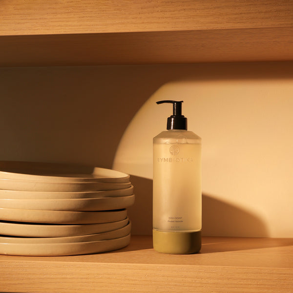 Dish Soap on a kitchen shelf next to dinner plates